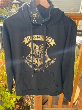 Official Harry Potter Black Gold Foil Hogwarts High Cowl Neck Masked Hoodie